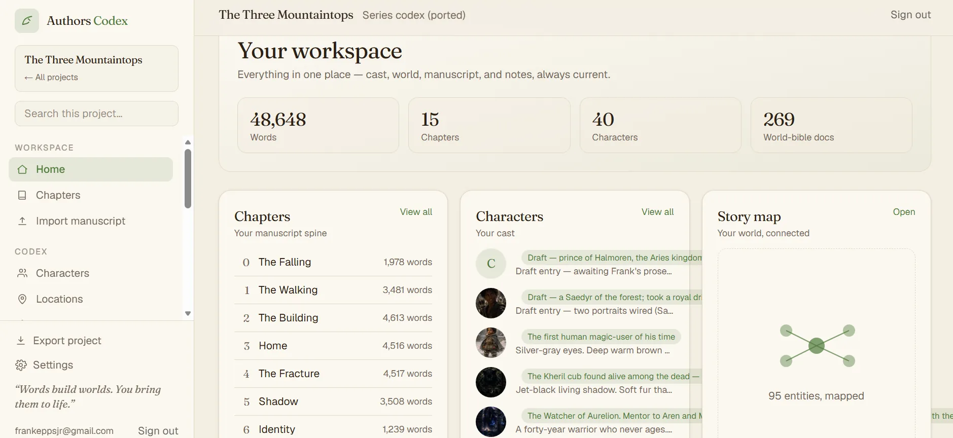 Authors Codex workspace showing manuscript and story-world navigation