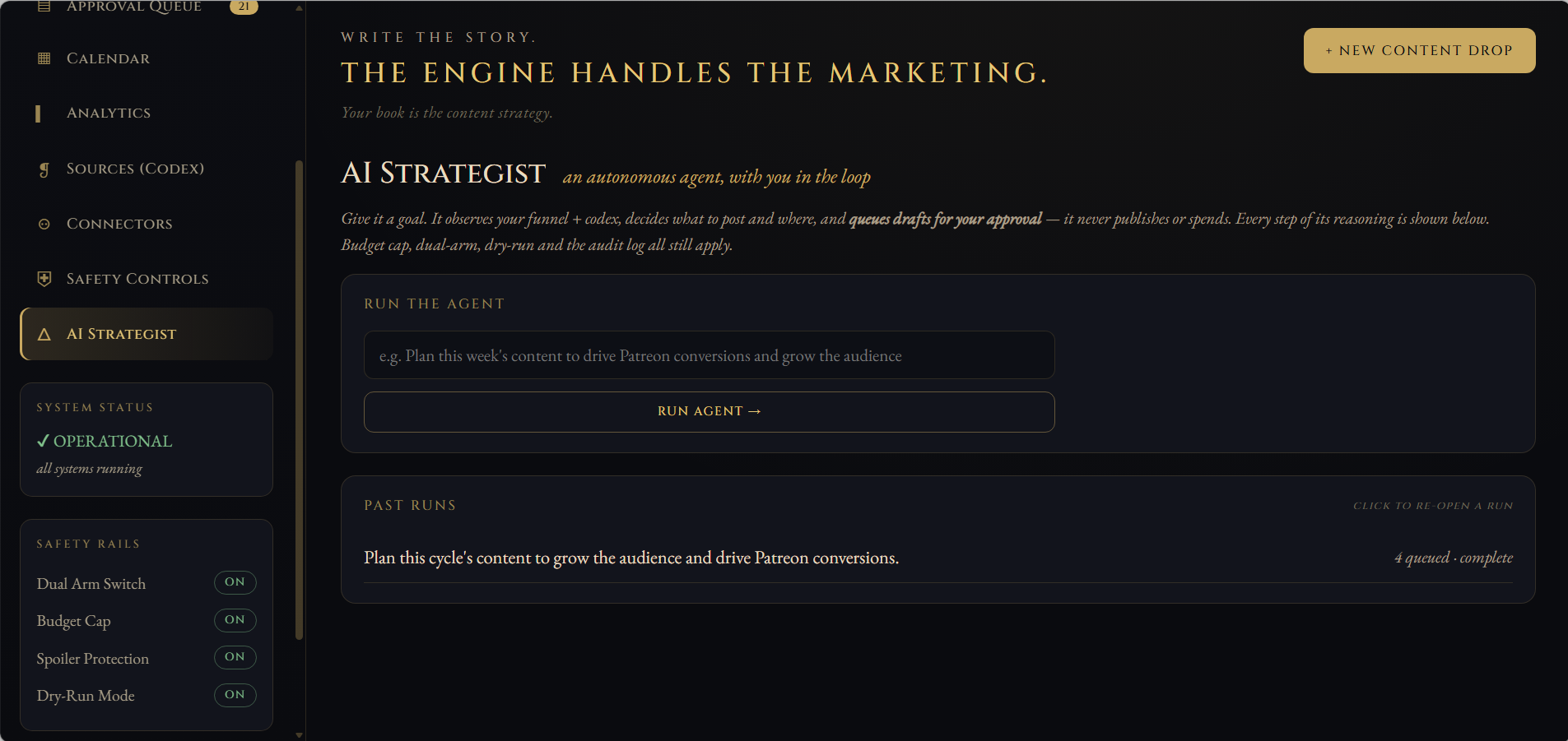 AI Content Engine — the AI Strategist agent planning a content drop