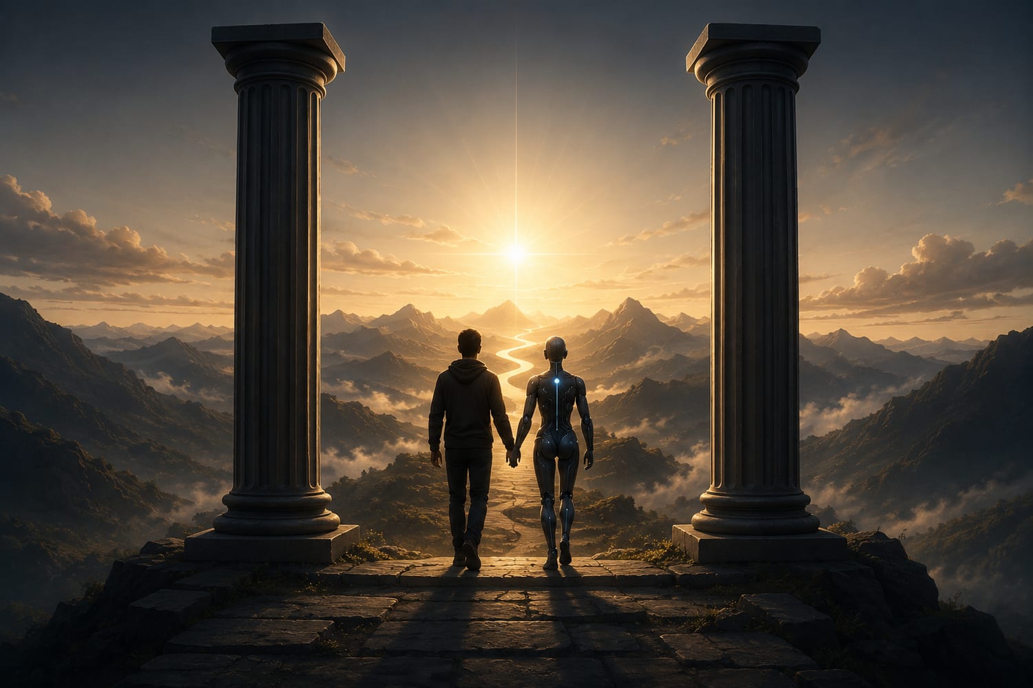 A person and an AI walking together between two pillars toward a sunrise