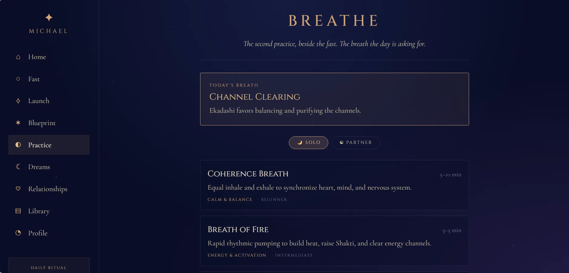 Breathing practice interface connected to Michael